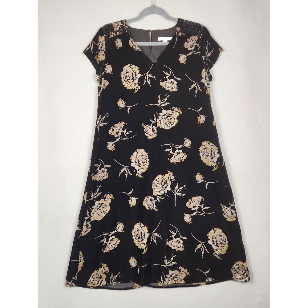 Pure Jill Elements Dress Womens XS Black Floral Velvet Short Sleeve Lined V Neck